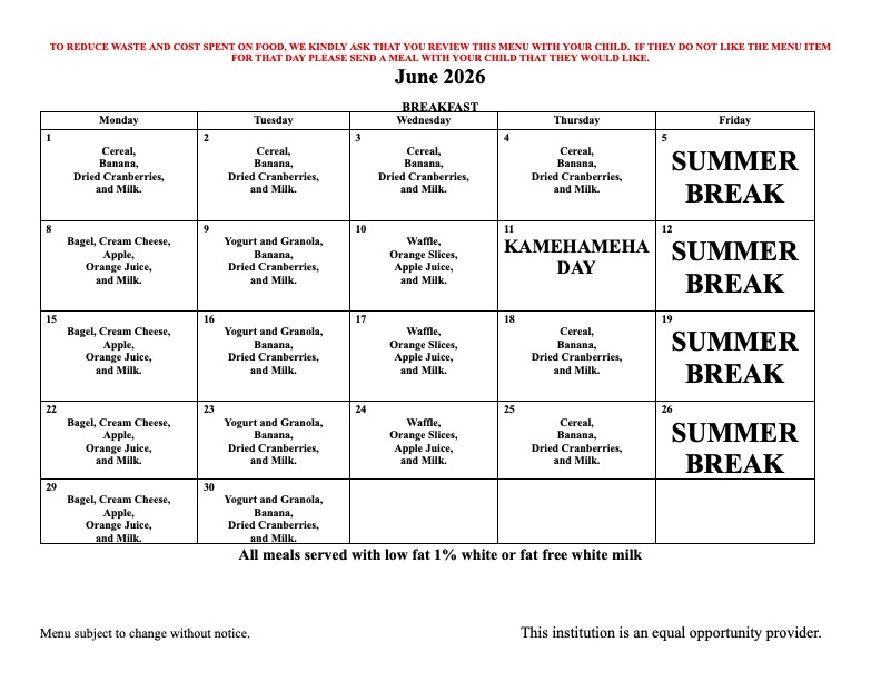 June 2026 Breakfast Menu