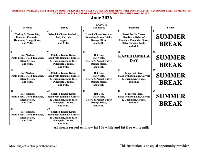 June 26 Lunch Menu