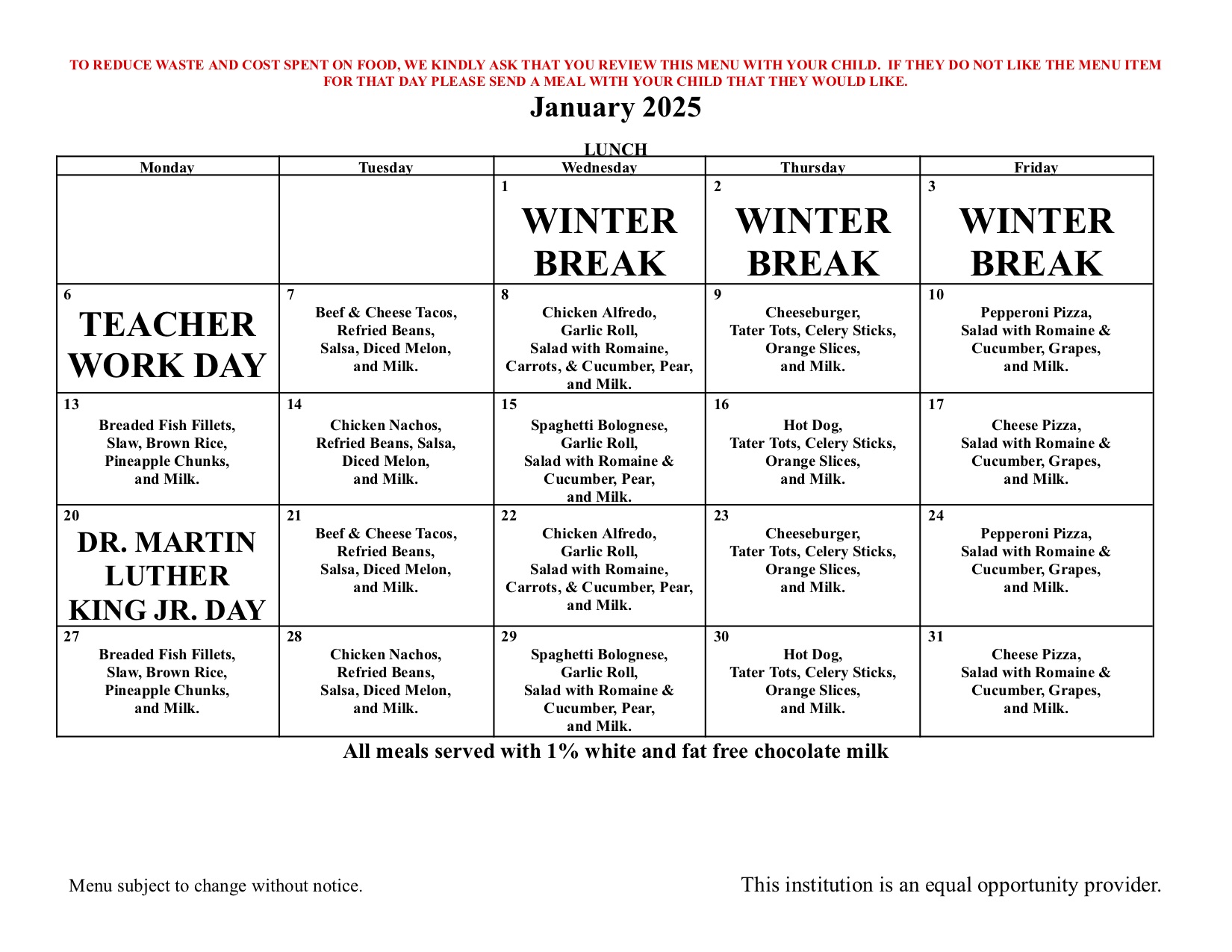 24-25 August Lunch Menu